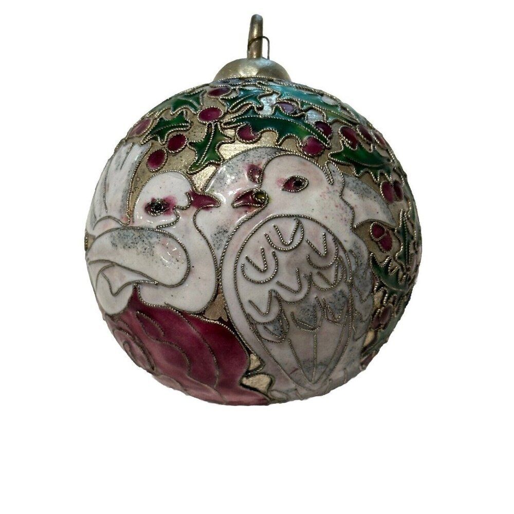 Cloisonne Christmas Tree Ornament Love Birds Doves Enamel Rose Marriage Holly